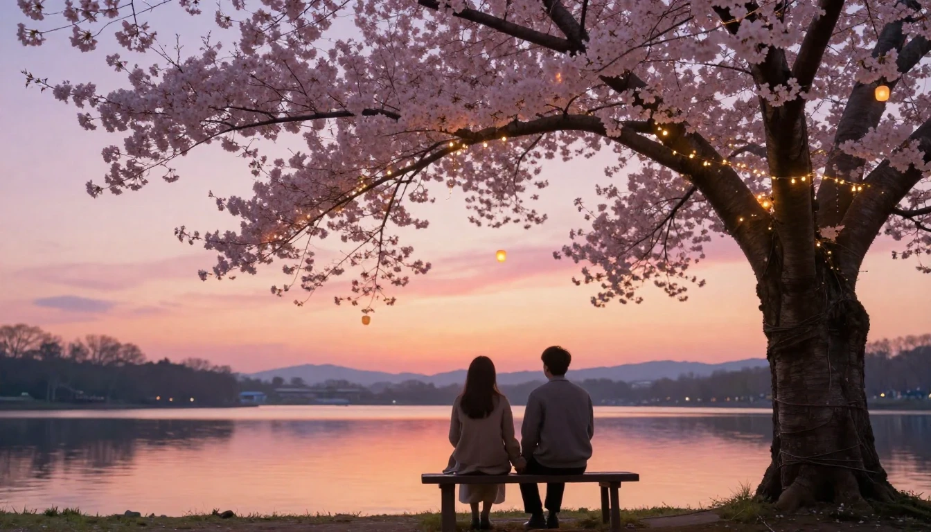 A romantic and cozy scene featuring a couple sitting on a wo...