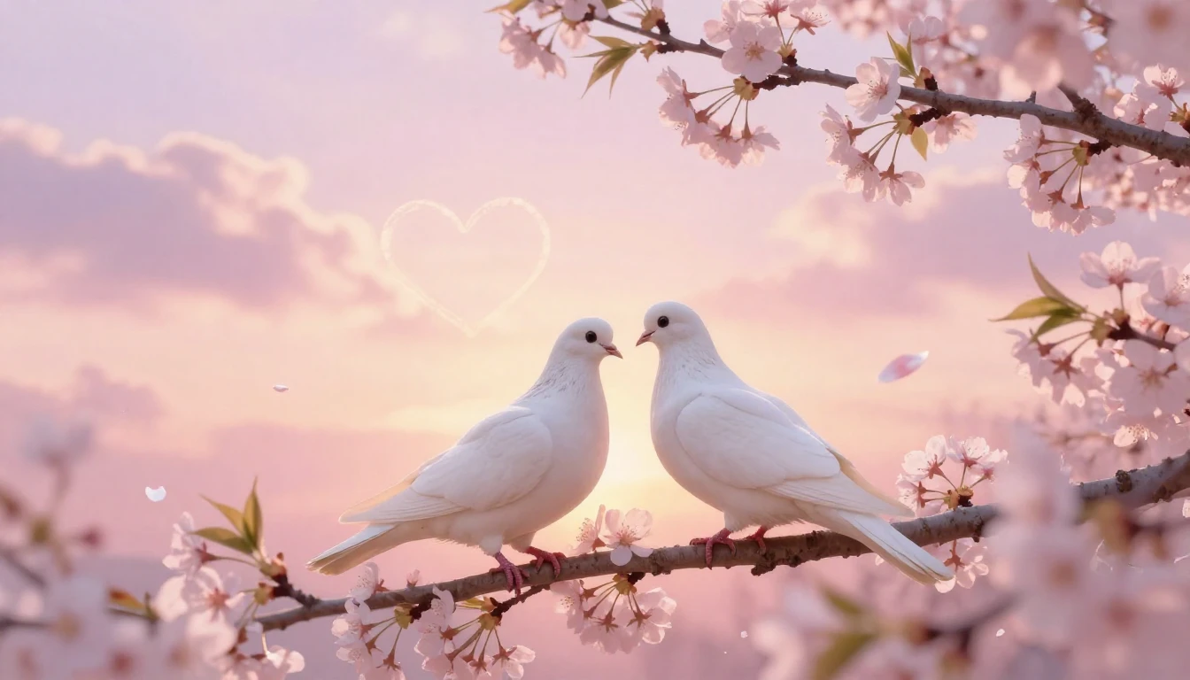 A soft and dreamy composition featuring two white doves perc...