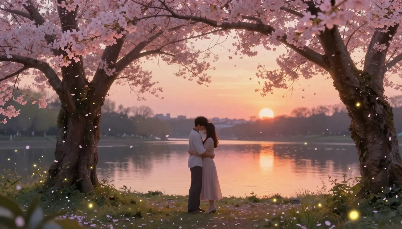A romantic and tender scene in a lush garden during the gold...