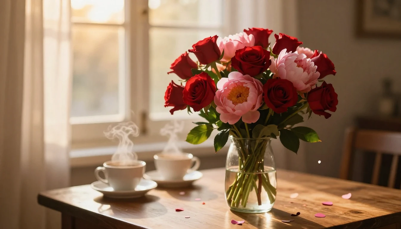 A romantic and dreamy scene featuring a beautiful bouquet of...