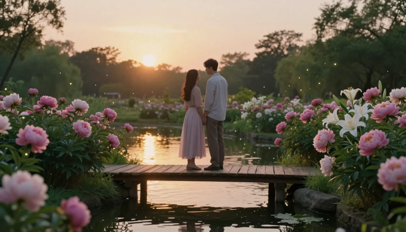 A dreamy and romantic scene featuring two soft silhouettes o...