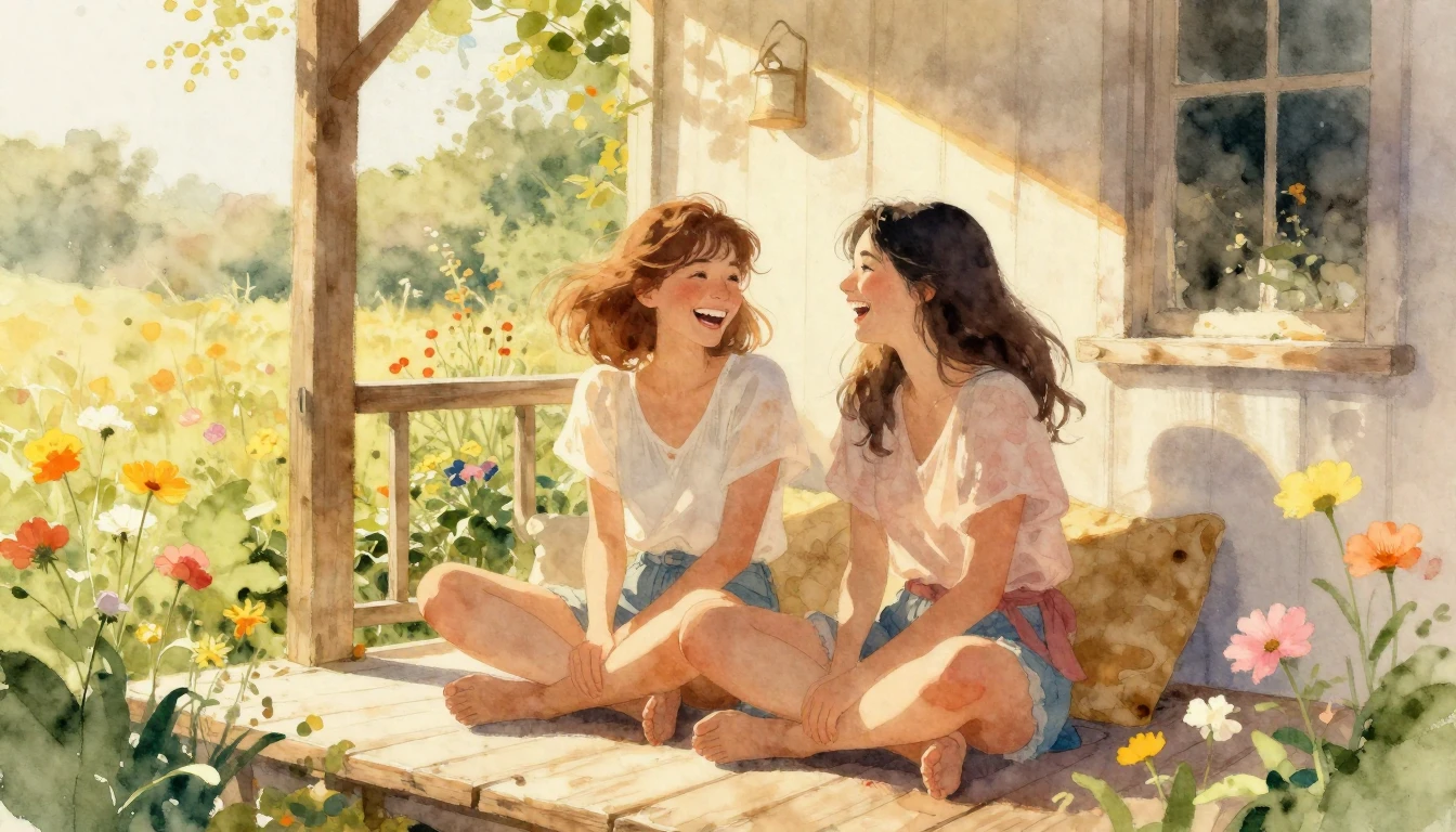 A warm and cozy scene of two best friends sitting on a sun-d...