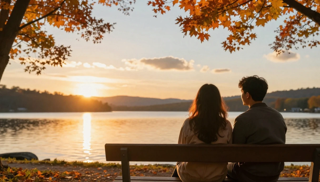 A warm and inviting scene of two friends sitting on a wooden...
