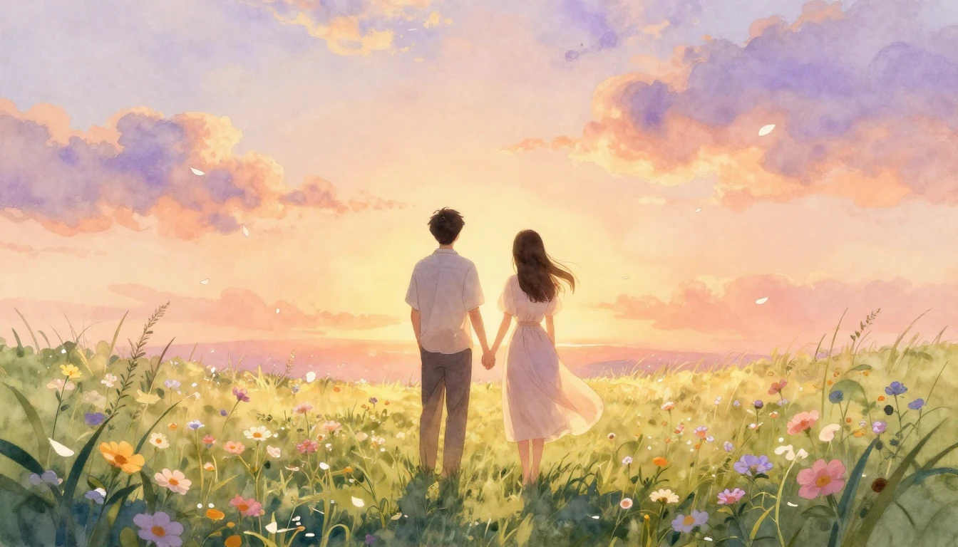 A romantic and ethereal scene in a soft watercolor style. A ...
