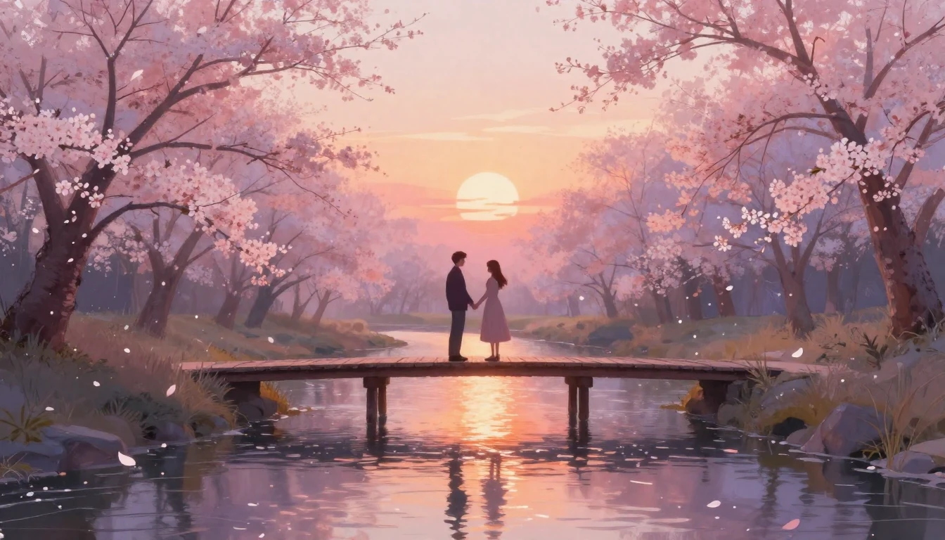 A romantic and dreamlike scene featuring two silhouettes of ...