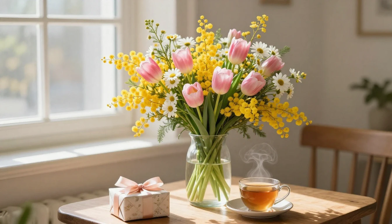 A vibrant and warm scene depicting a cozy corner of a sunlit...