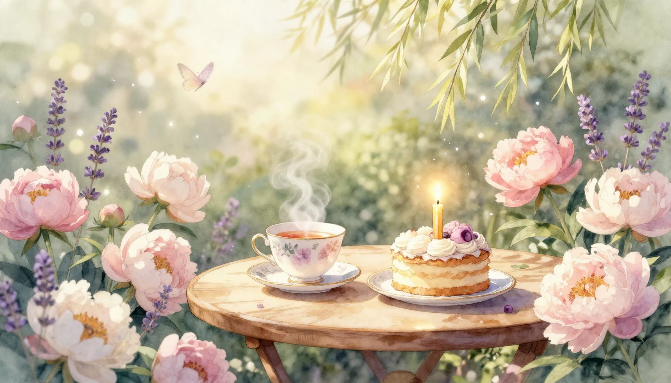 A soft and ethereal watercolor illustration of a charming wo...