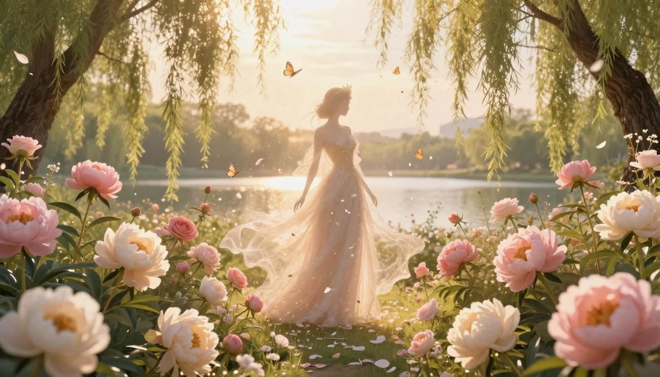 An elegant and ethereal scene featuring a lush garden filled...