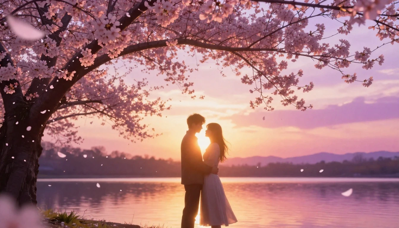 A dreamy and romantic scene featuring two ethereal silhouett...