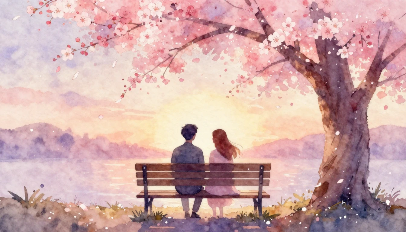 A soft and dreamy watercolor painting depicting a romantic a...