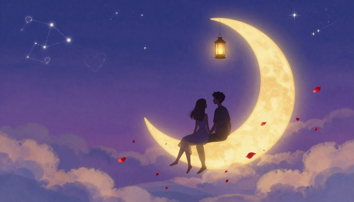 A romantic and dreamy illustration featuring two silhouetted...