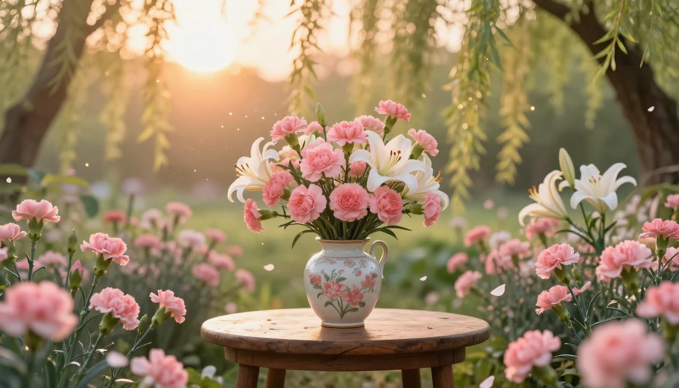 A beautiful and serene scene featuring a lush garden filled ...