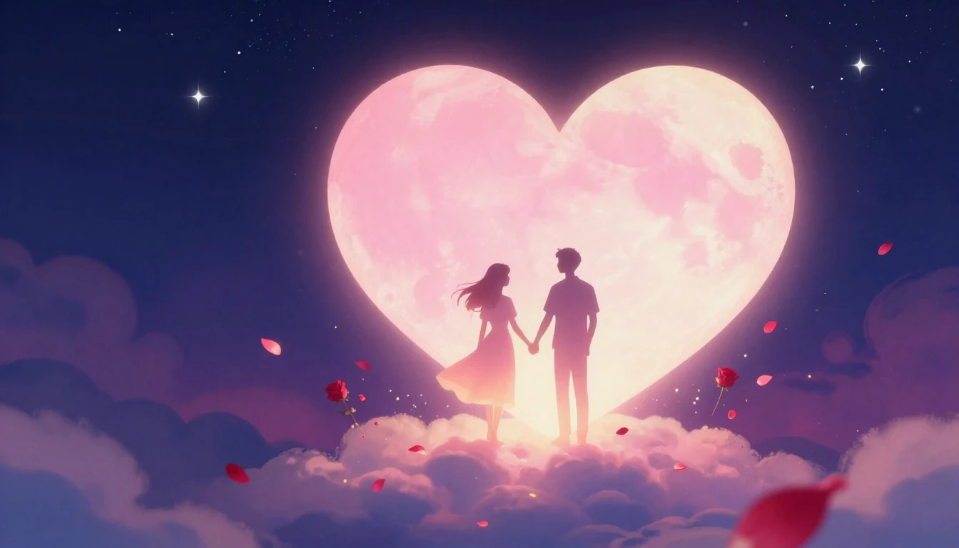 A romantic and dreamy illustration depicting two glowing sil...