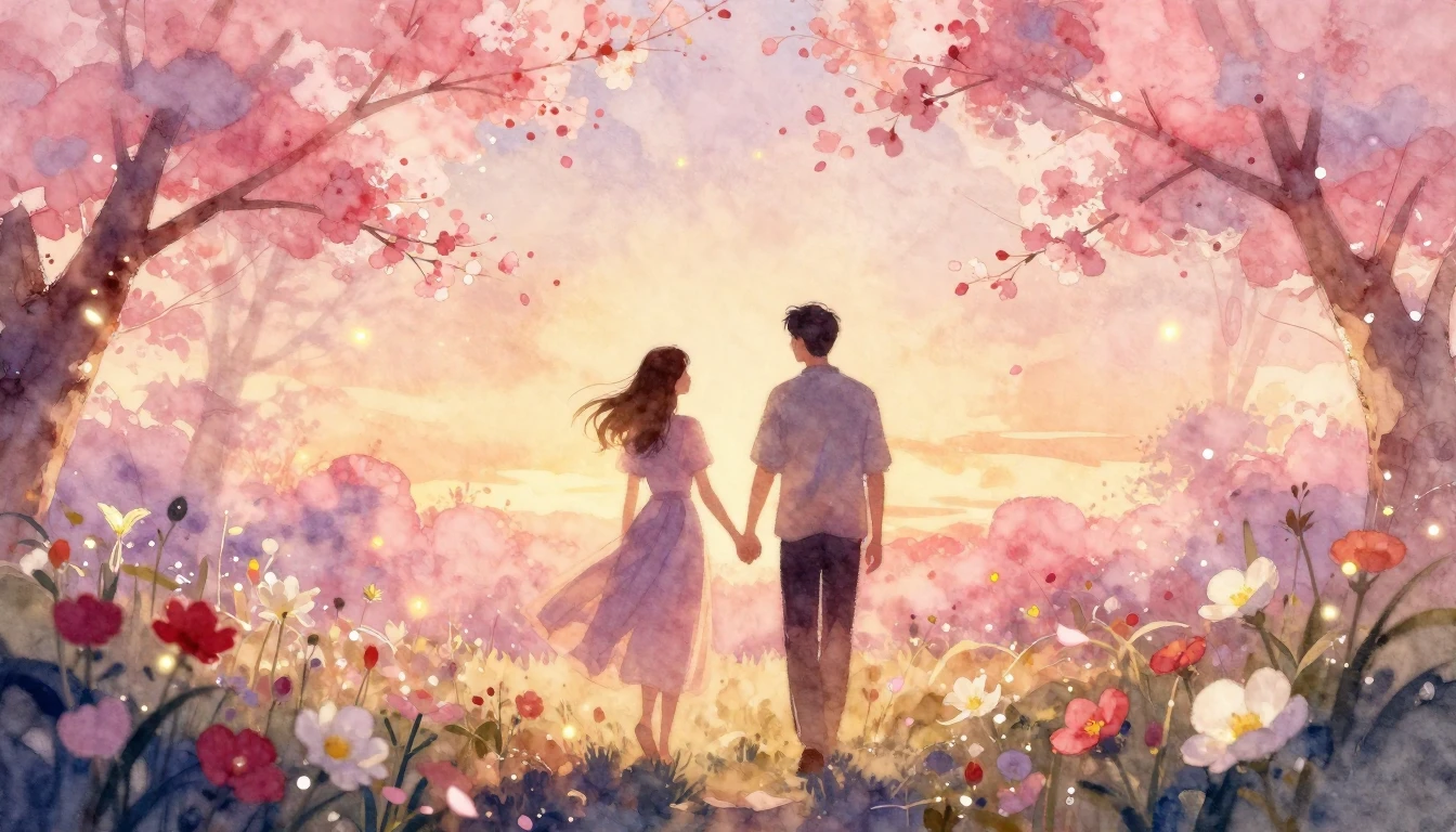 A dreamy and romantic watercolor painting of two silhouettes...