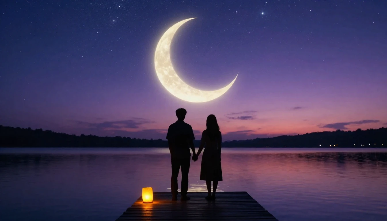 A romantic and dreamy scene featuring two silhouetted figure...