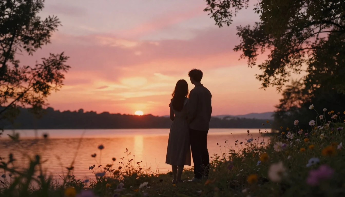 A breathtaking romantic scene at golden hour. A silhouette o...