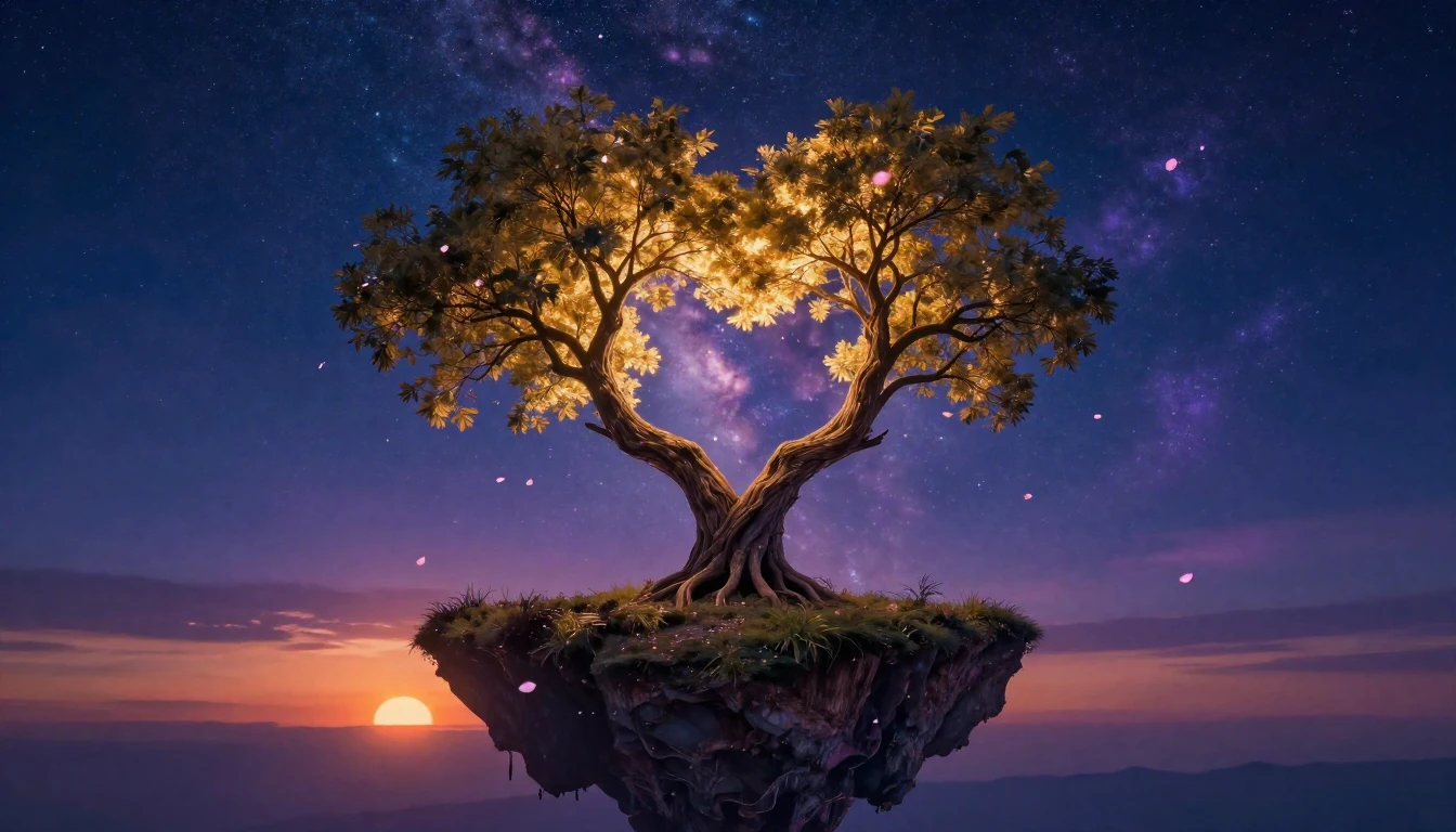 A romantic and surreal scene depicting two intertwined trees...