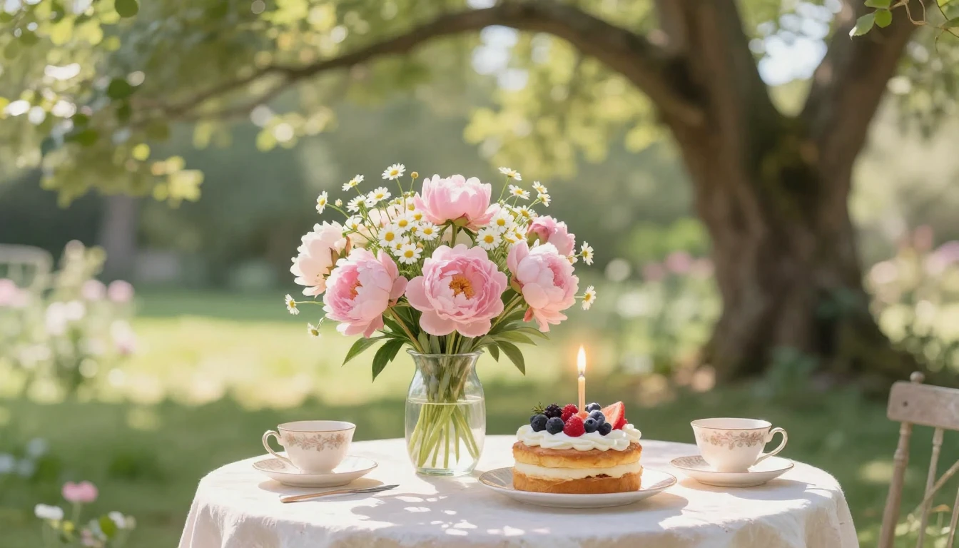 A beautiful, sun-drenched garden table set for a birthday ce...