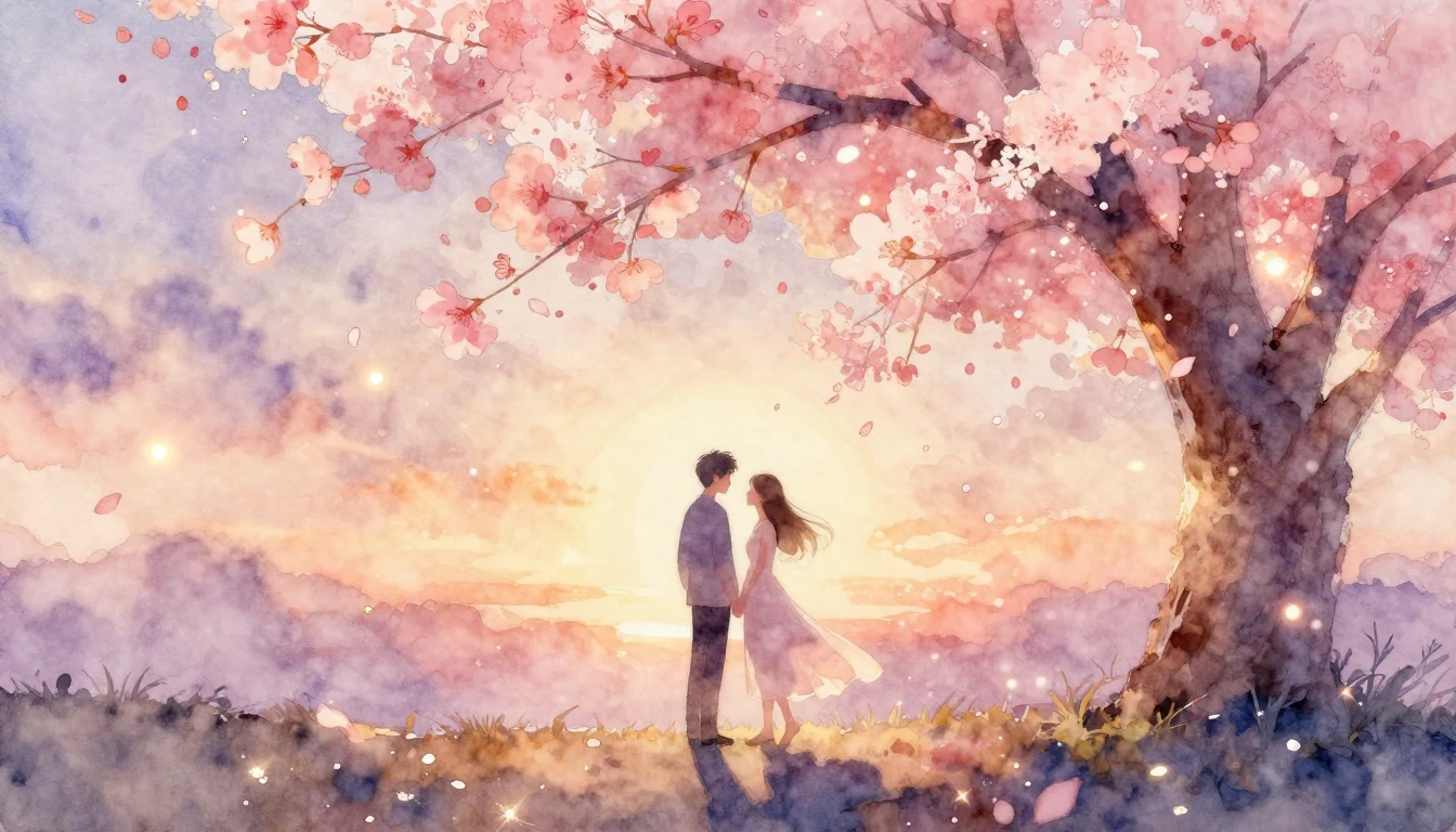 A soft and ethereal watercolor painting depicting a romantic...