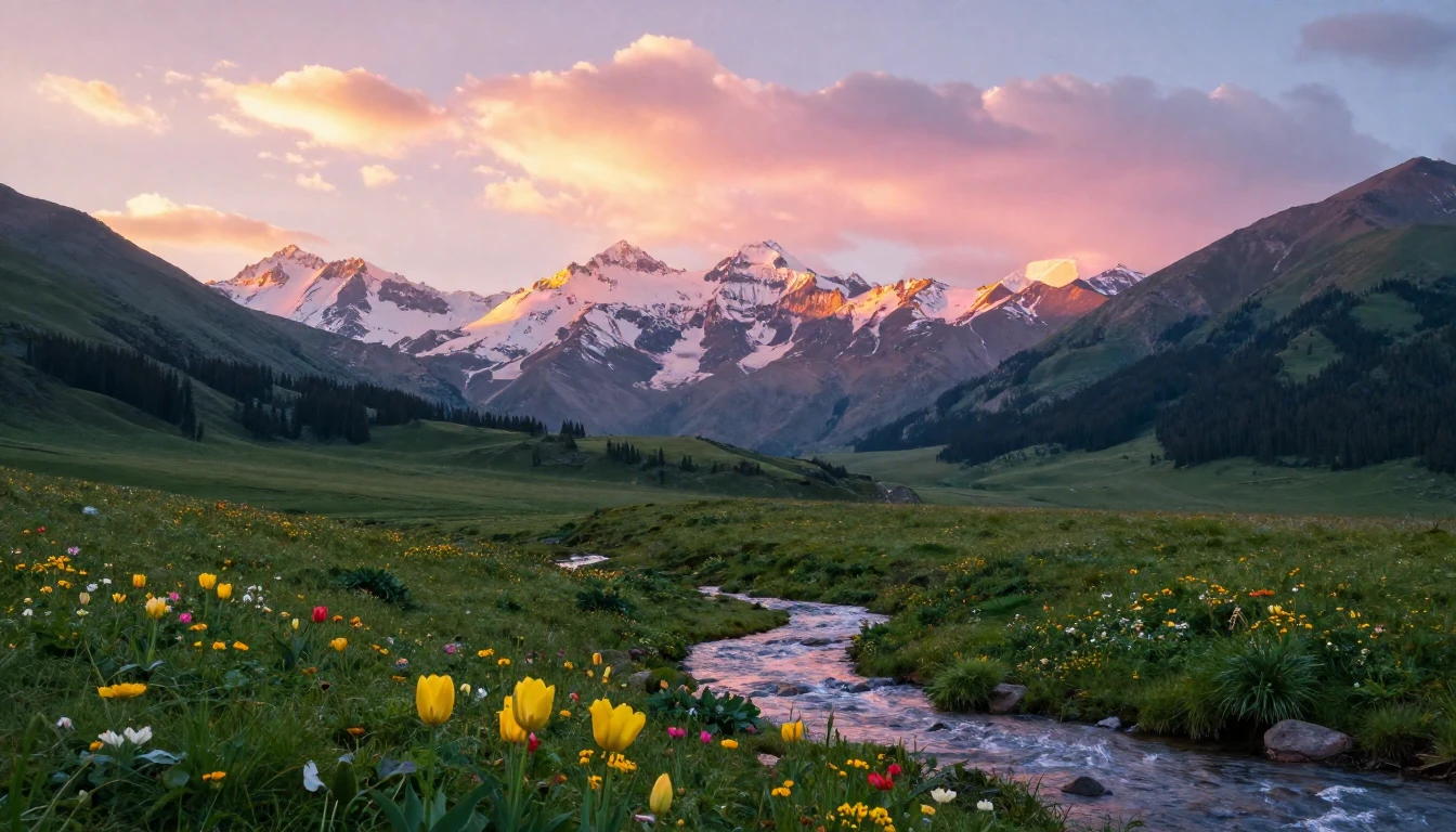 A breathtaking landscape of the Kyrgyz Ala-Too mountains at ...