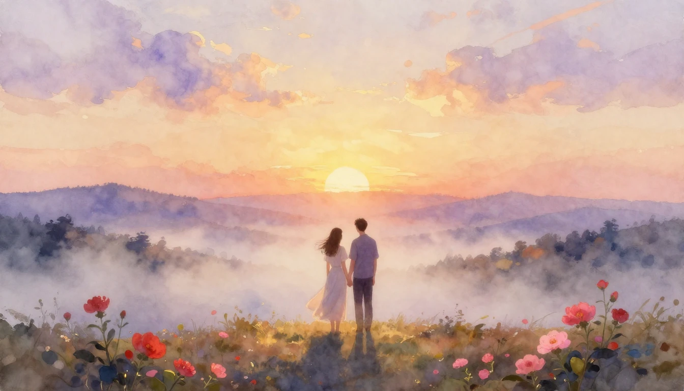 A romantic and ethereal watercolor painting of a couple stan...
