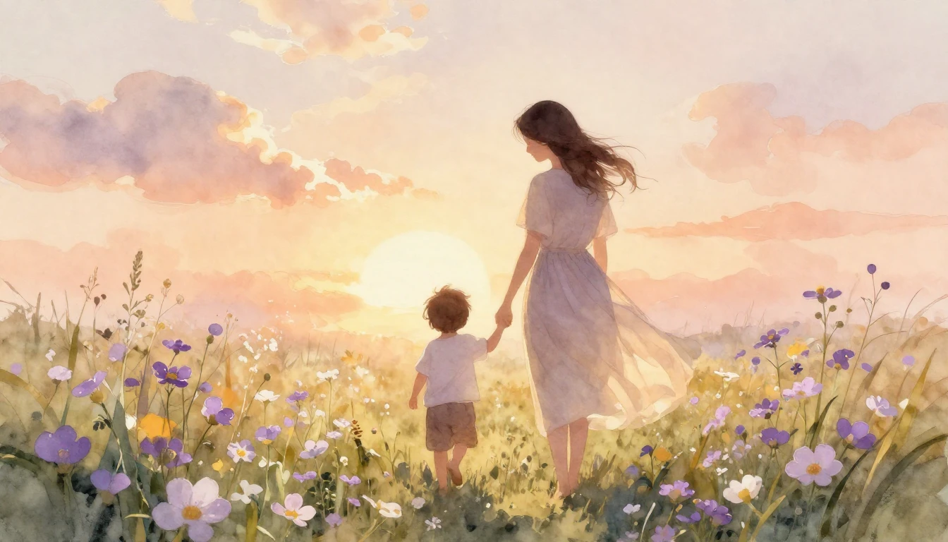 A dreamlike watercolor painting capturing a serene and warm ...