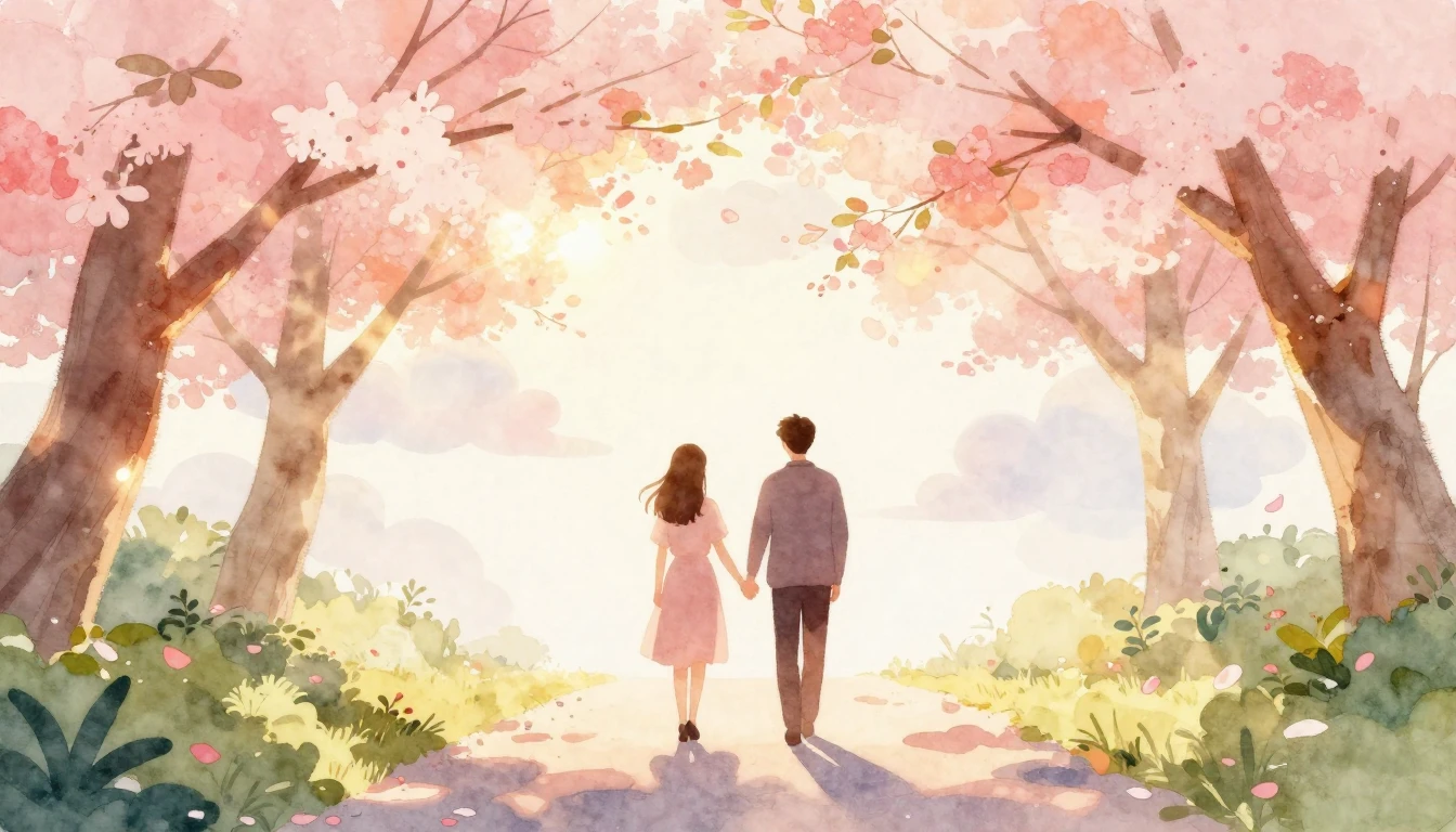 A soft and dreamy watercolor illustration depicting two silh...