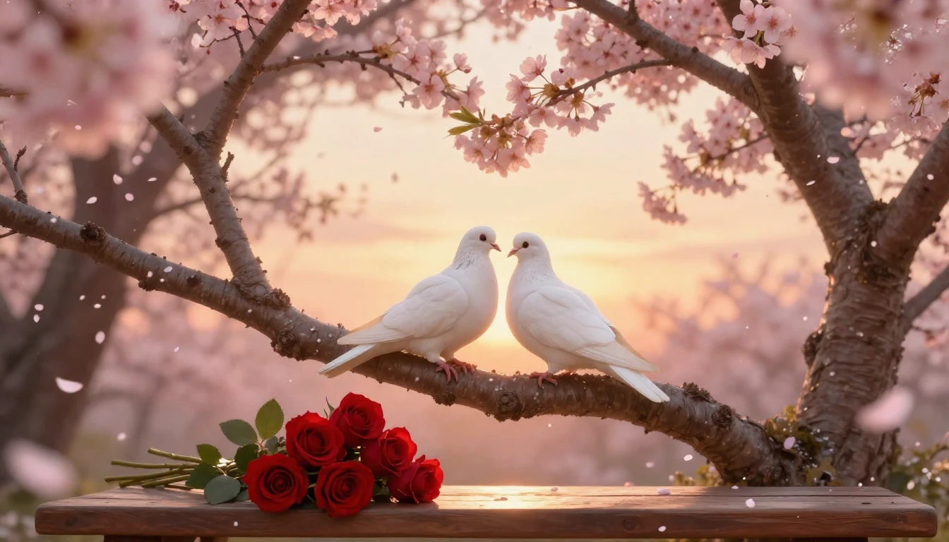 A romantic and dreamy scene featuring two white doves sittin...