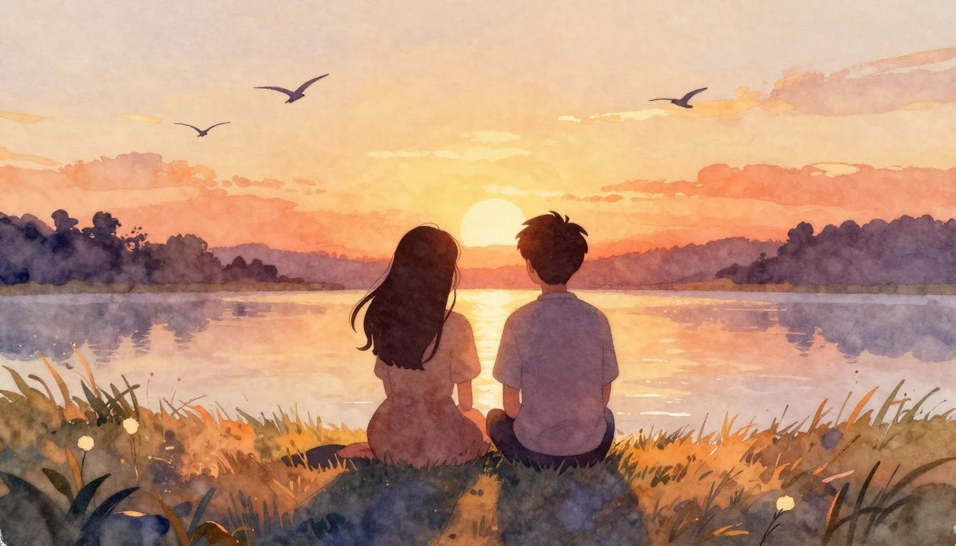 A heartwarming watercolor painting depicting two stylized si...