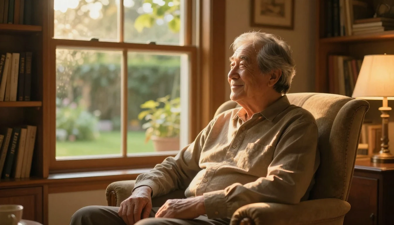 A heartwarming and serene scene of a wise, kind-looking matu...