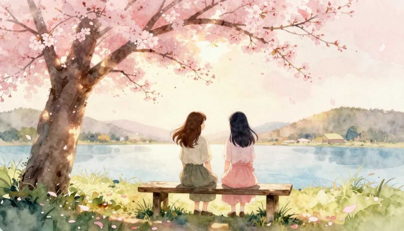A delicate watercolor illustration of two female friends sit...
