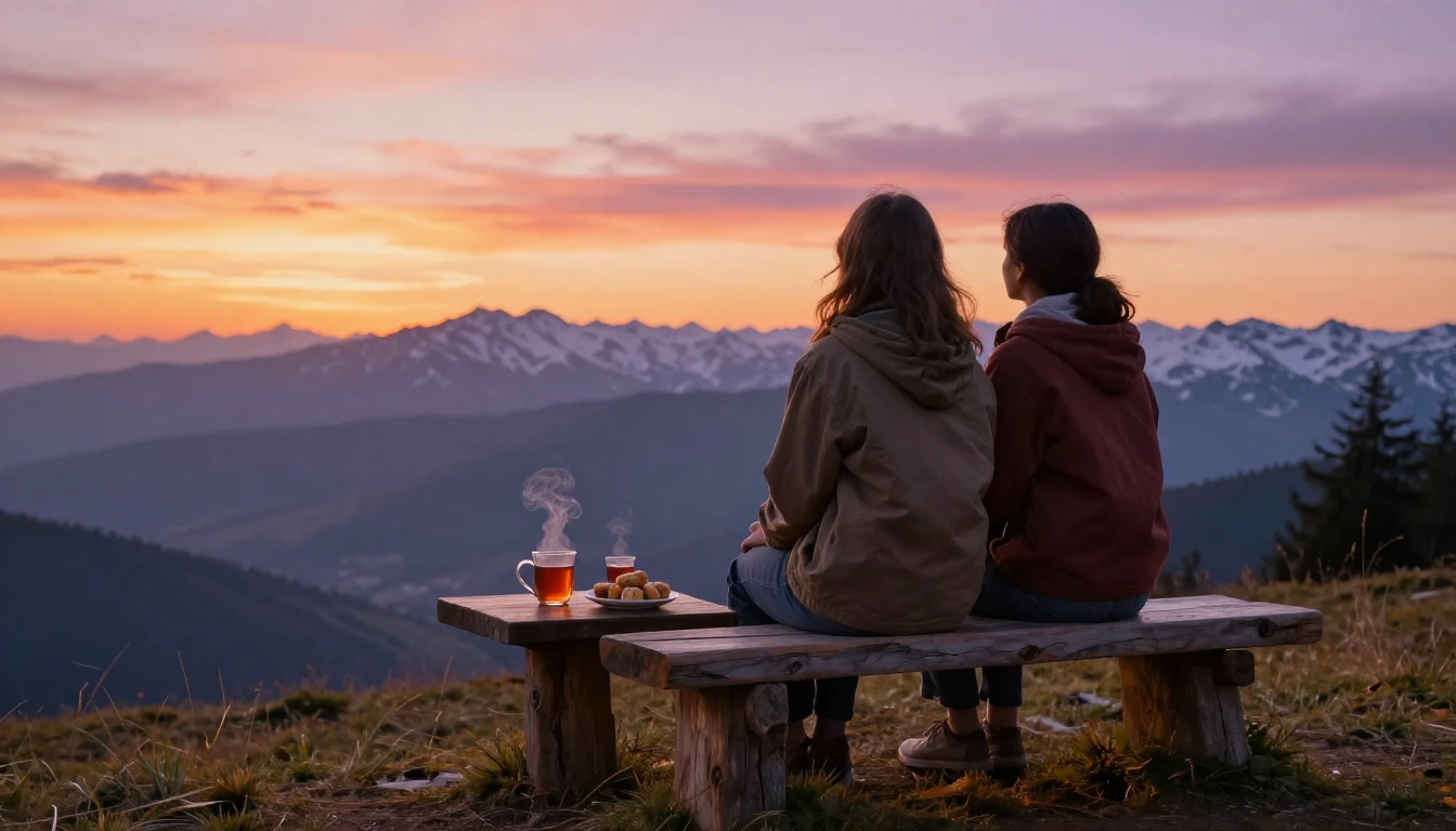 A heartwarming scene of two best friends sitting on a rustic...