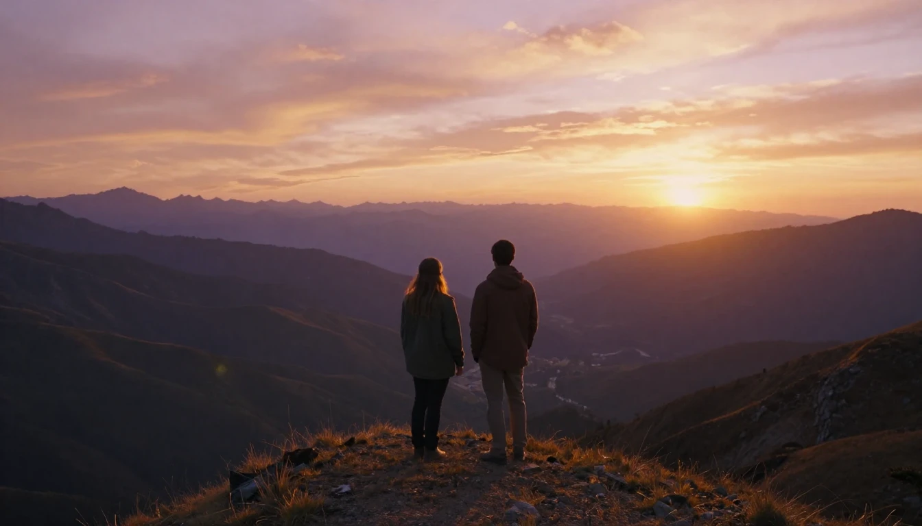 A cinematic wide shot of two best friends standing on a high...