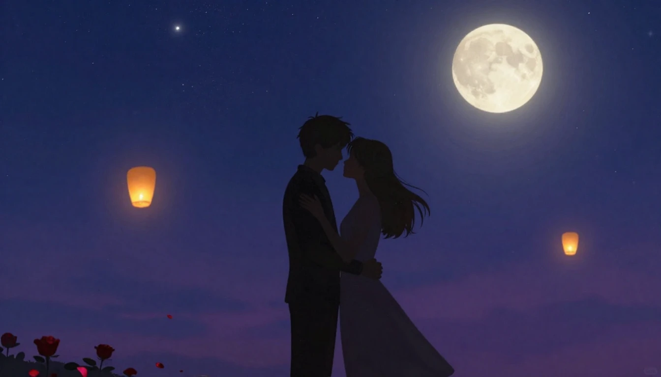 A romantic and dreamy illustration depicting two silhouettes...