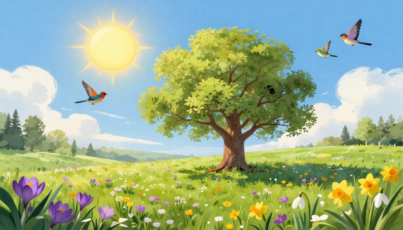 A vibrant and joyful spring landscape scene depicted in a so...