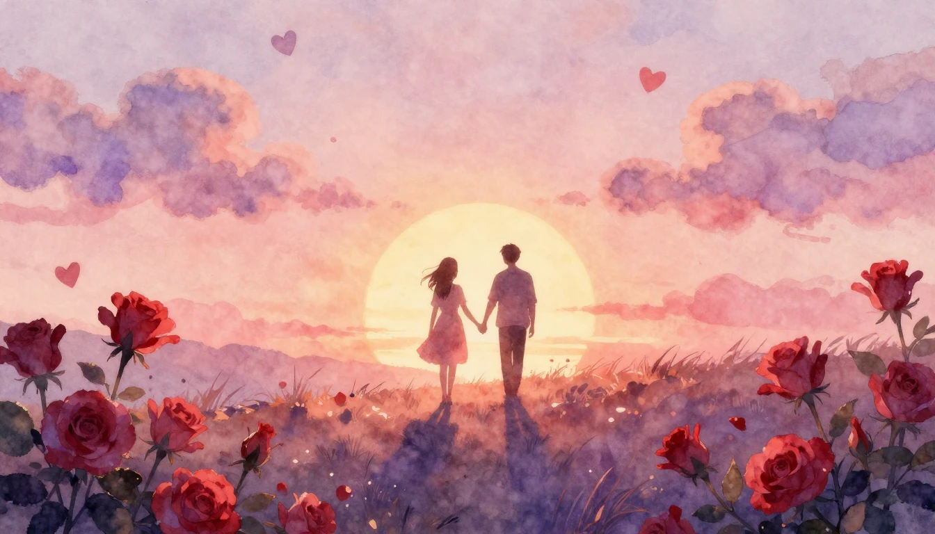 A soft and dreamy watercolor painting depicting a romantic s...
