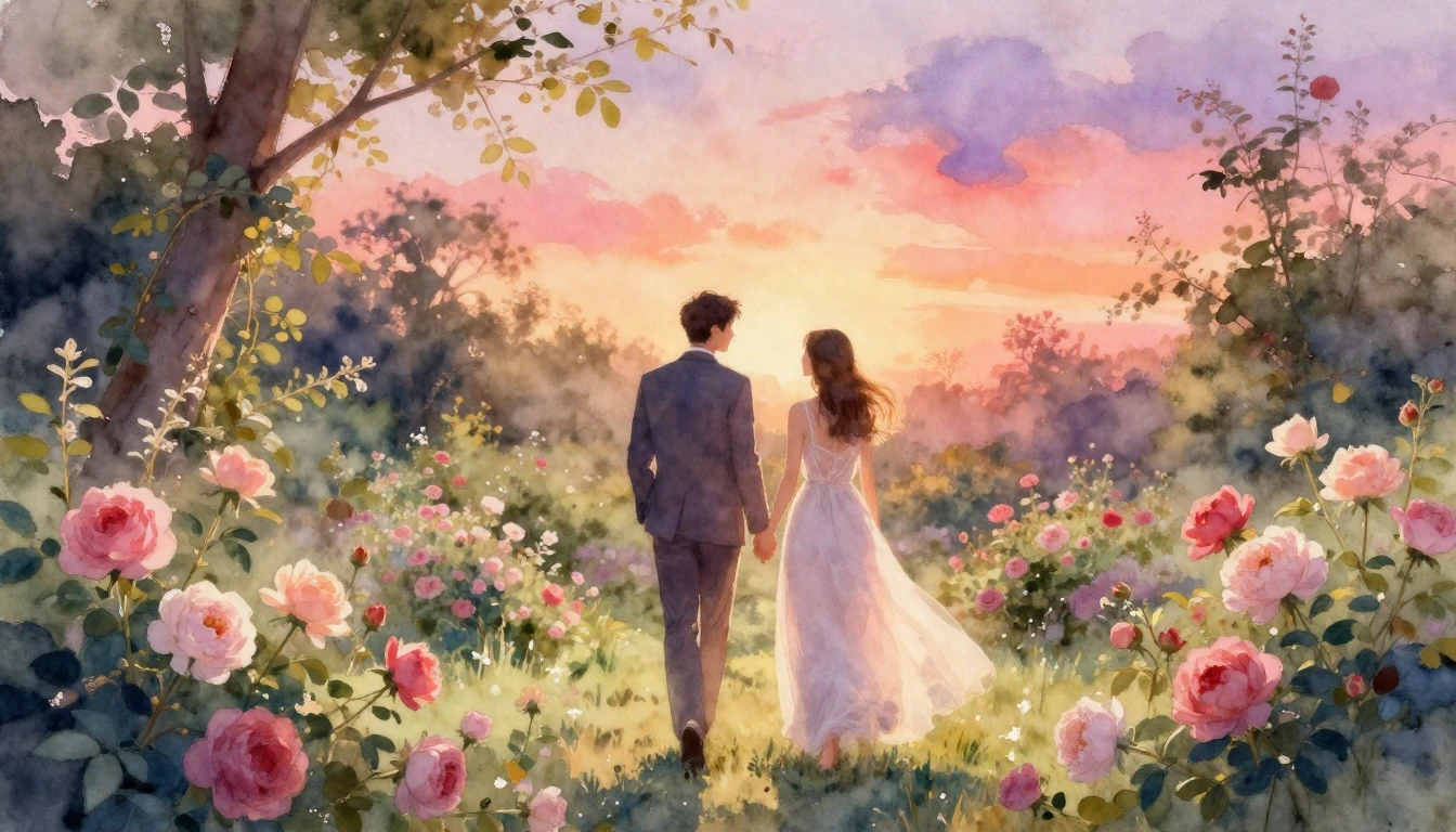 A romantic watercolor painting of a couple walking hand-in-h...