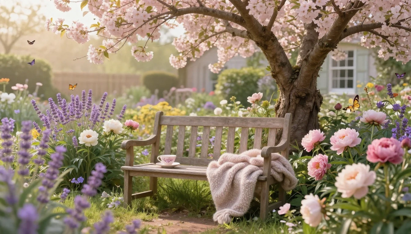 A warm and inviting scene of a sun-drenched cottage garden i...