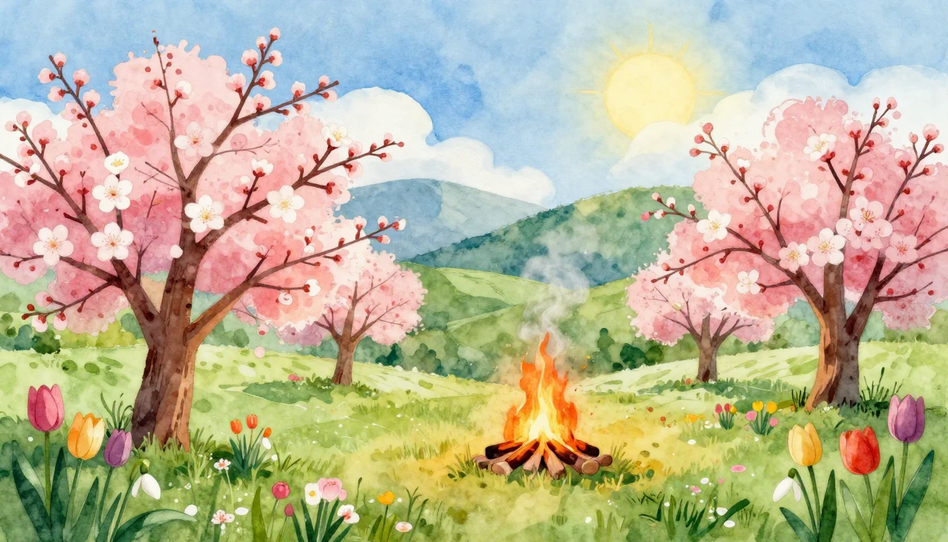 A gentle and vibrant watercolor painting depicting a lush sp...