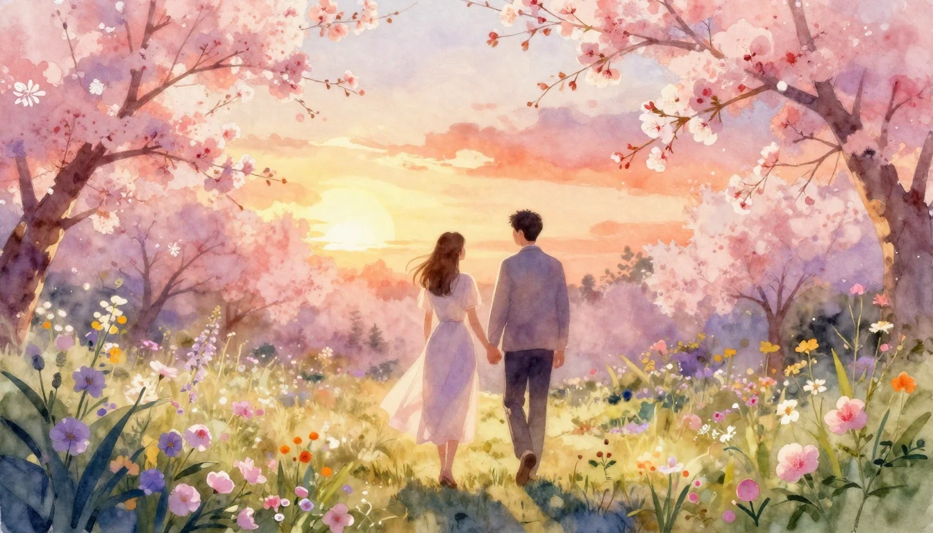 A romantic watercolor painting of a couple walking hand-in-h...