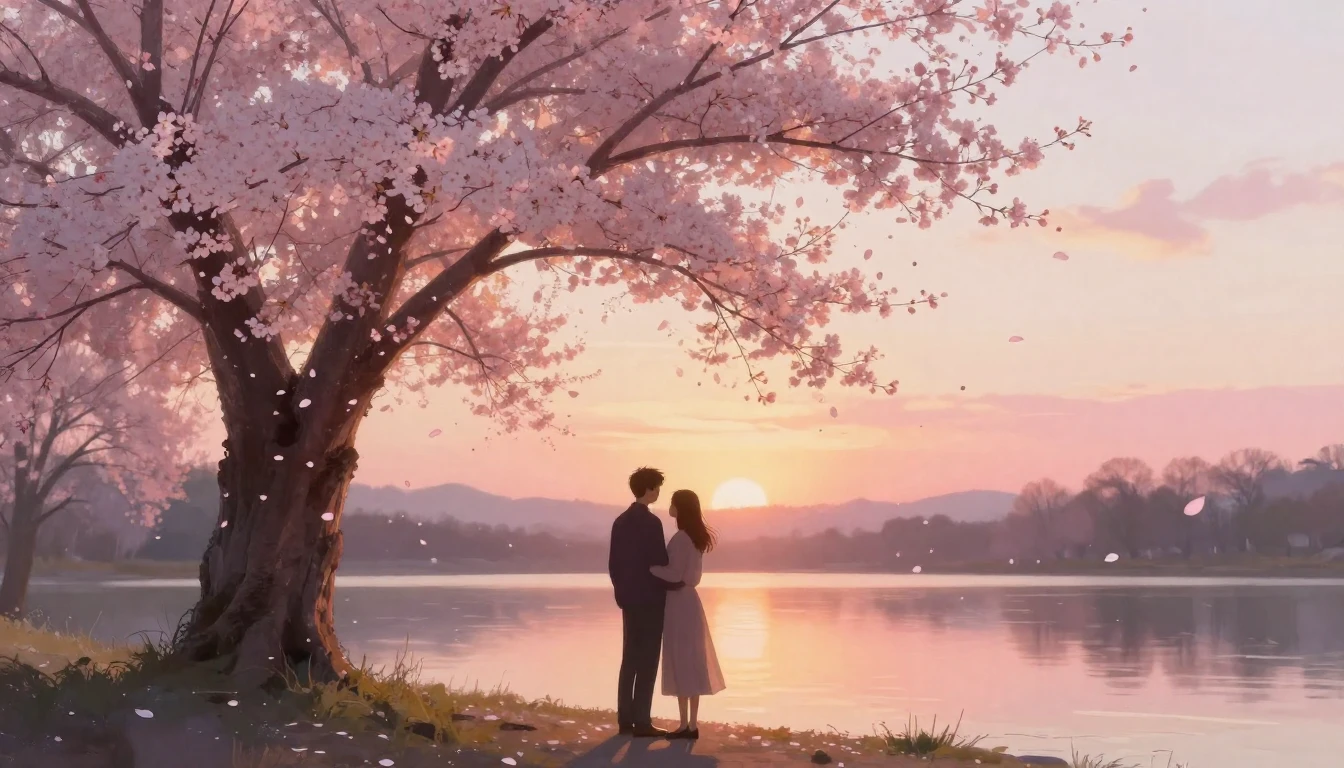 A dreamy and romantic landscape featuring two silhouettes of...