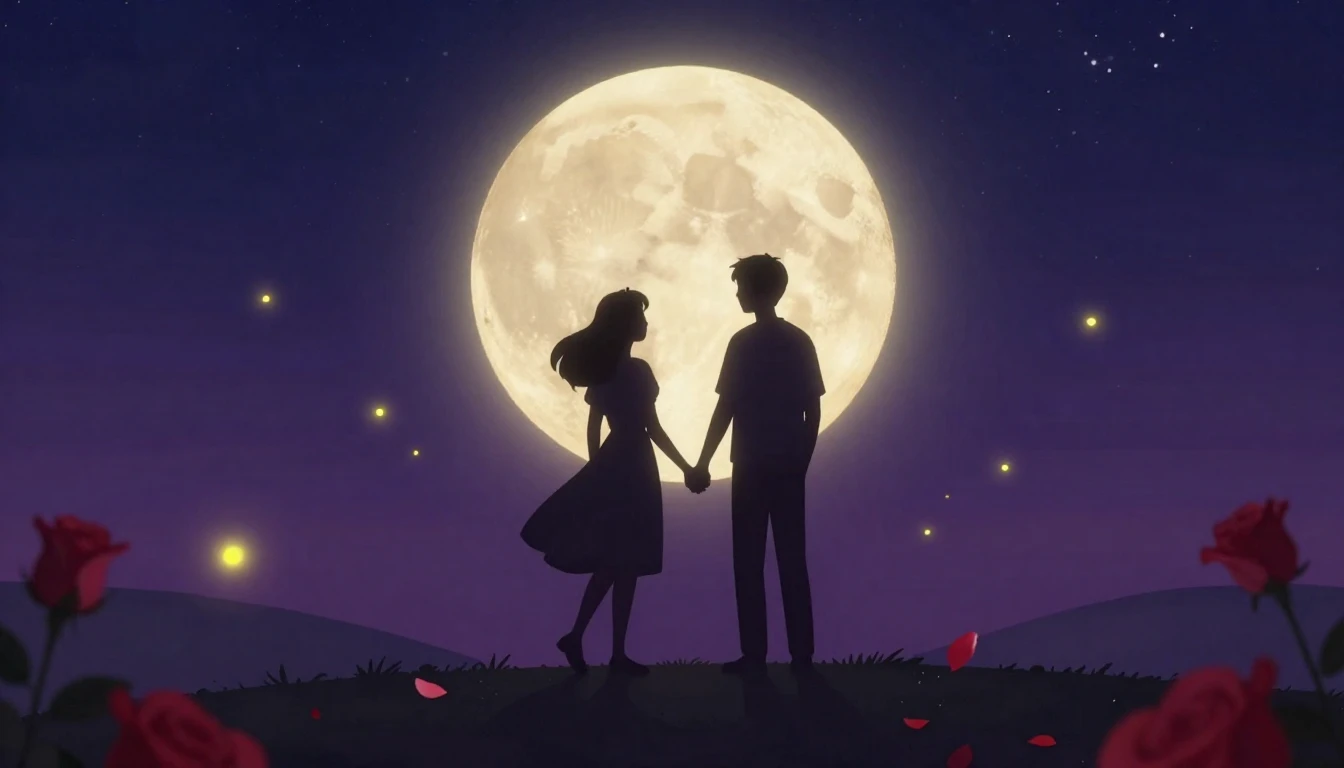 A romantic and dreamy illustration depicting a silhouette of...