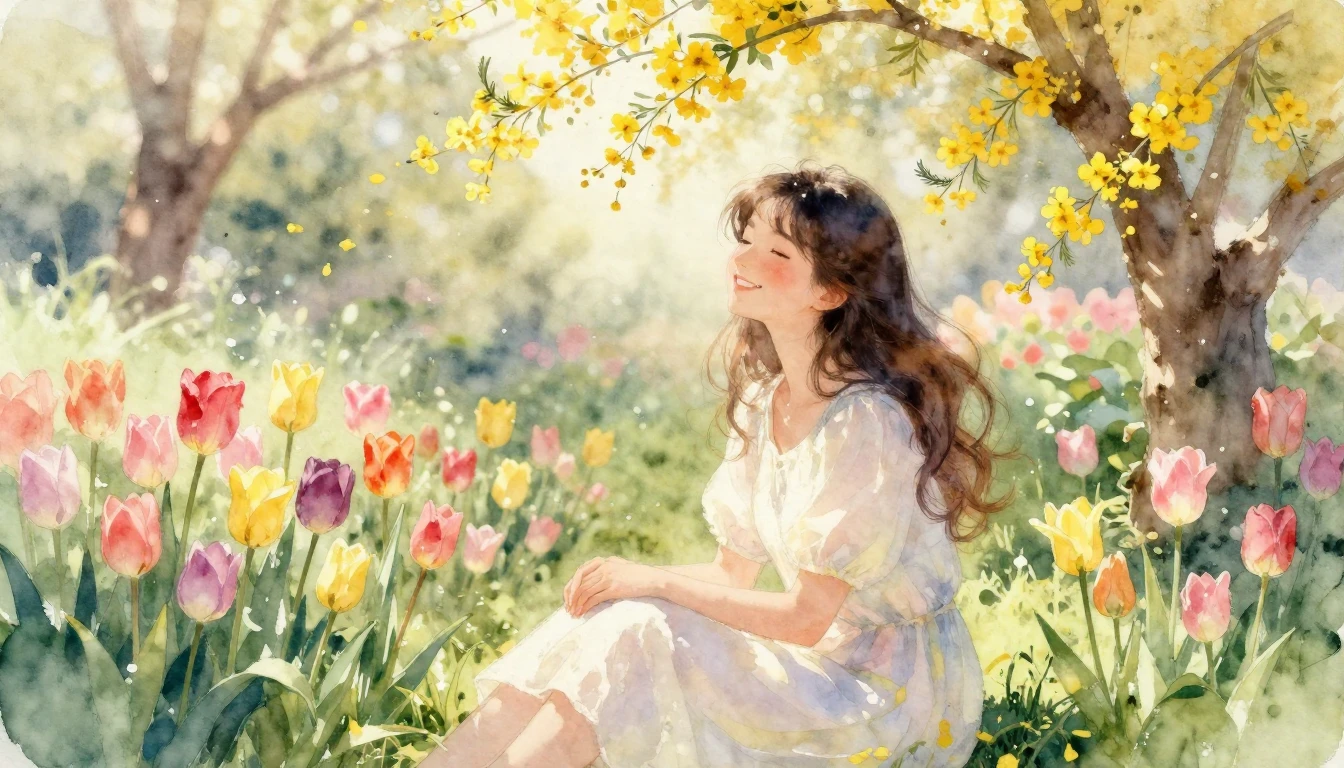 A delicate watercolor painting of a joyful young woman sitti...