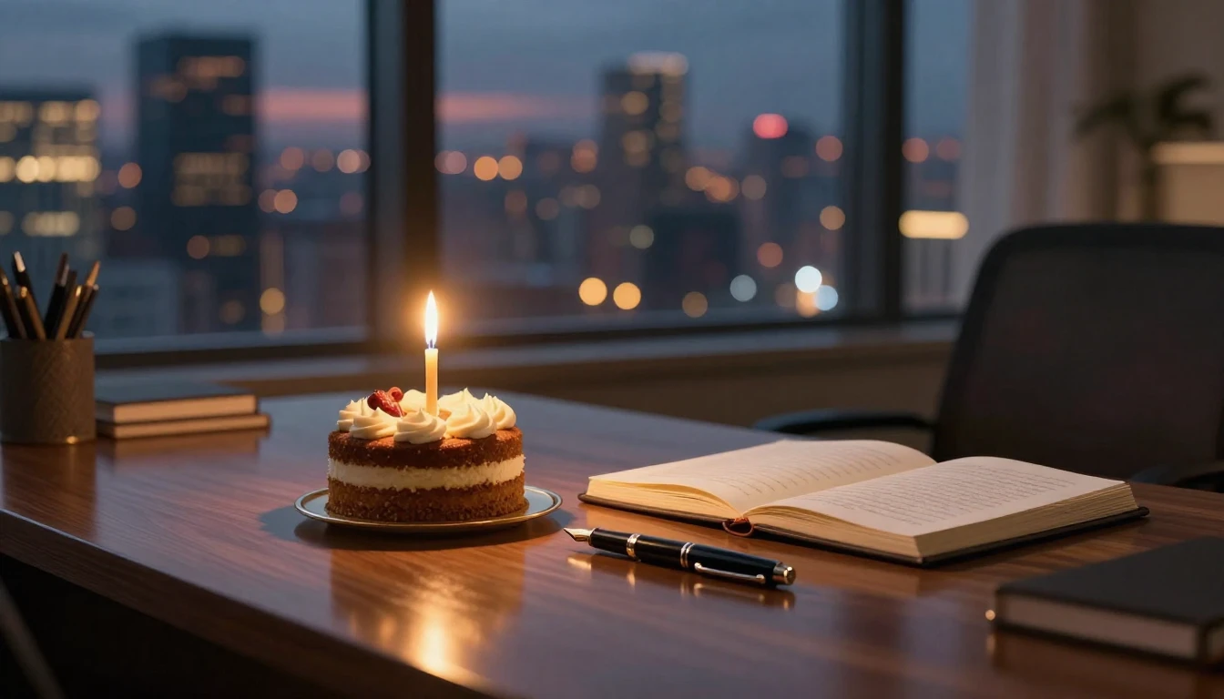 An elegant and warm workspace scene at dusk. On a polished w...