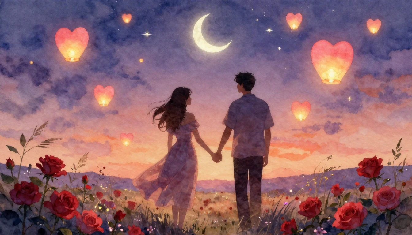 A dreamy and romantic watercolor painting depicting two silh...