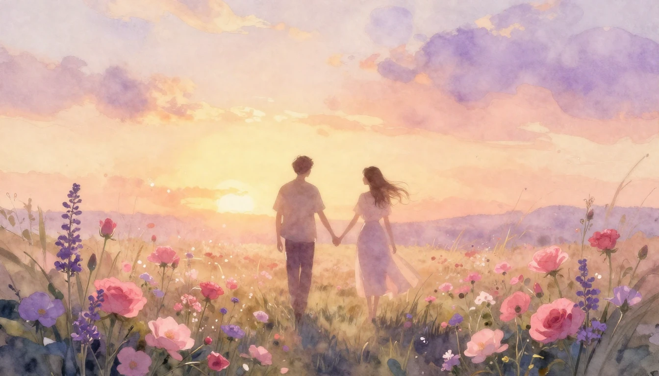 An ethereal and soft watercolor painting depicting two delic...