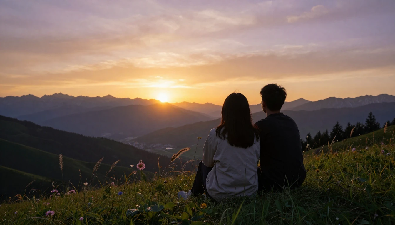 A heartwarming and atmospheric scene of two friends' silhoue...
