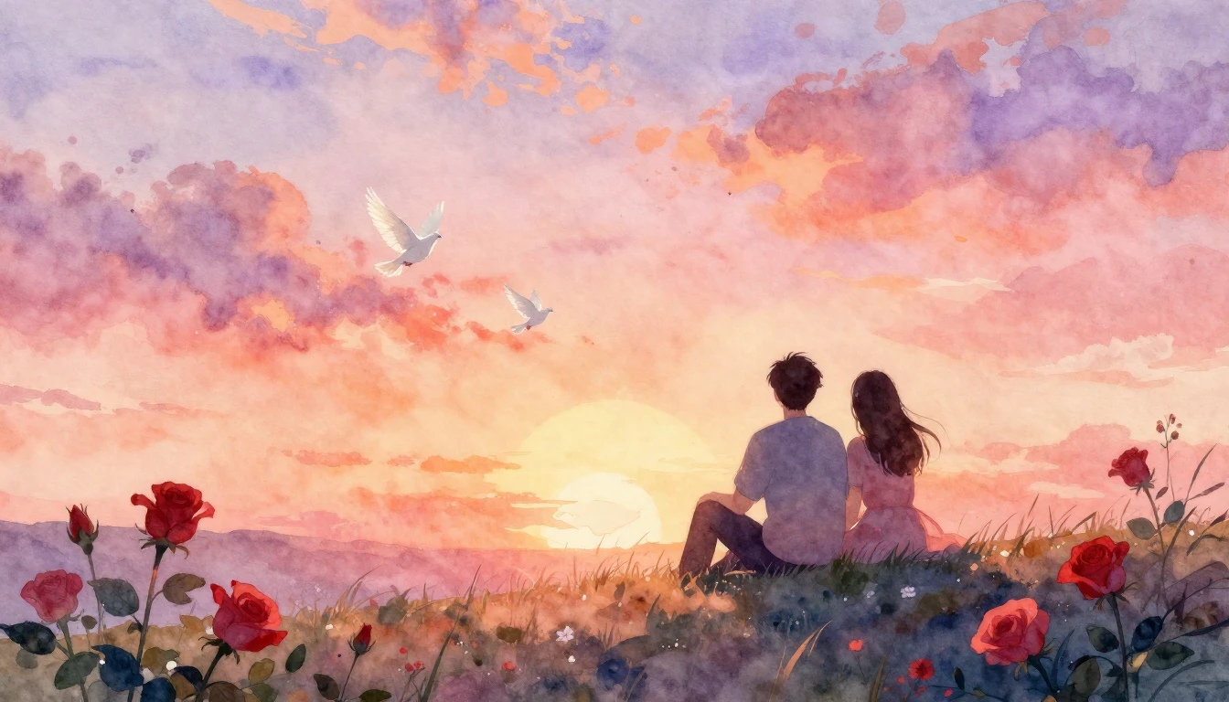 A soft and dreamy watercolor painting depicting the silhouet...