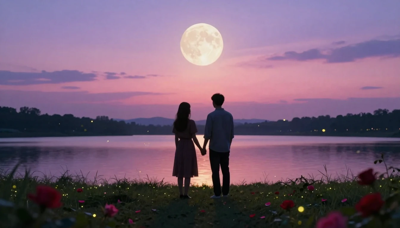 A romantic and dreamy scene featuring two silhouettes holdin...