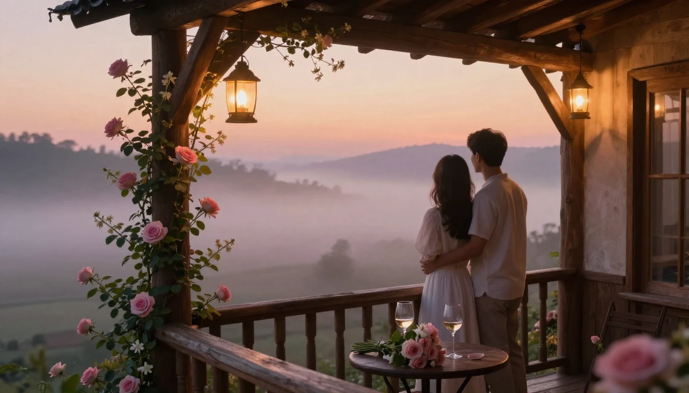 A romantic and ethereal scene of a couple standing on a rust...